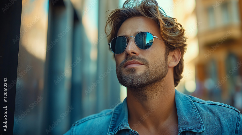 man with light brown hair, sunglasses, and a denim shirt, outdoors man with light brown hair, sunglasses, and a denim shirt, outdoors