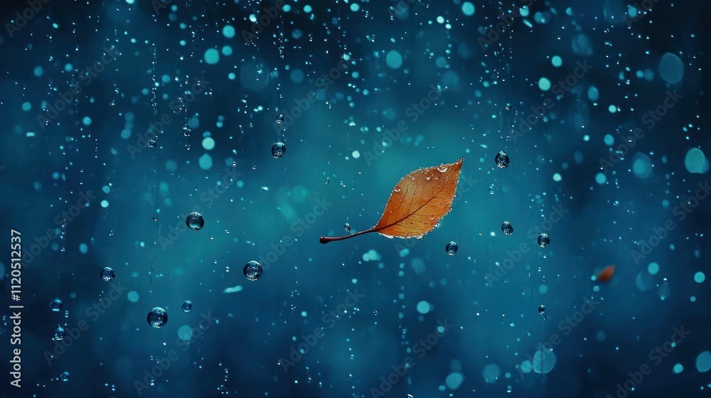 A single leaf suspended in a rain-soaked atmosphere. A single leaf suspended in a rain-soaked atmosphere.