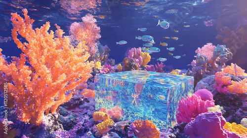 Vibrant Underwater Coral Reef Scene with Glass Cube photo