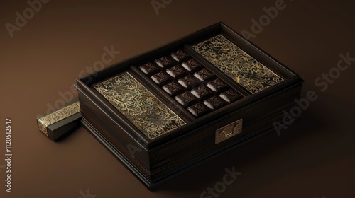 Elegant dark wood box with assorted dark chocolates. photo