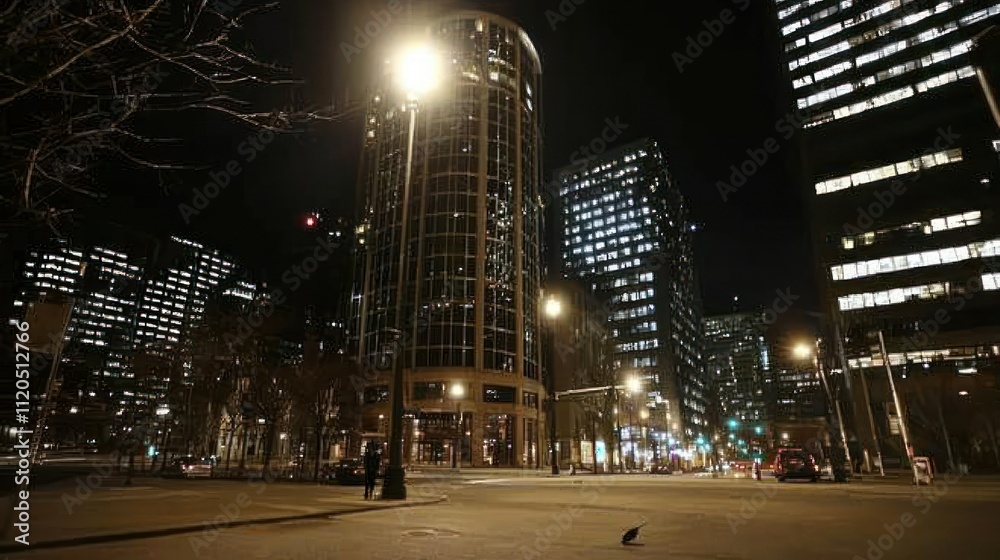 Nighttime cityscape with illuminated buildings and streetlights. Nighttime cityscape with illuminated buildings and streetlights.