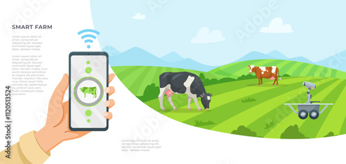 Hand holding smartphone, displaying smart farm app, with cows grazing on a vibrant green field and a robotic device nearby. Vector illustration