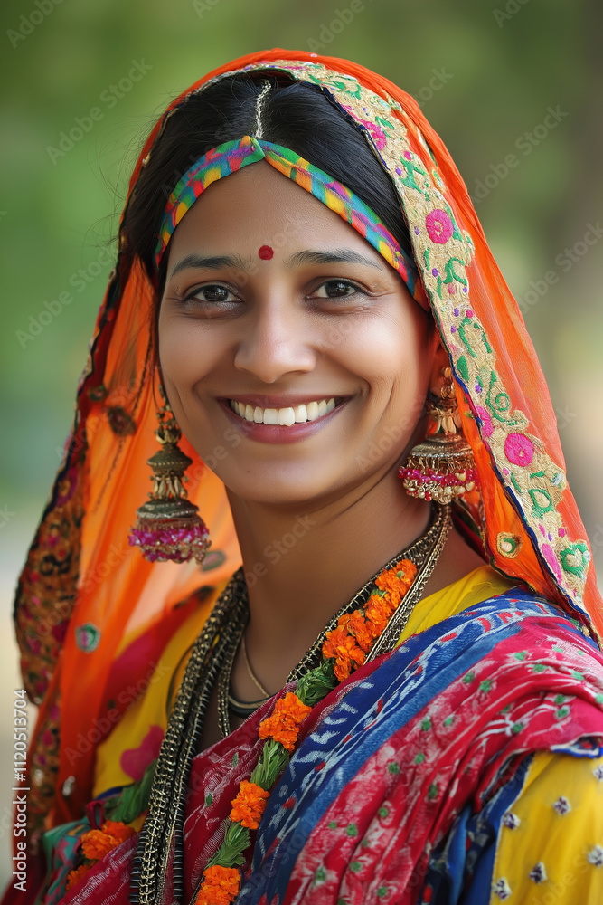 Fototapeta premium A joyful Indian woman adorned in colorful traditional attire.