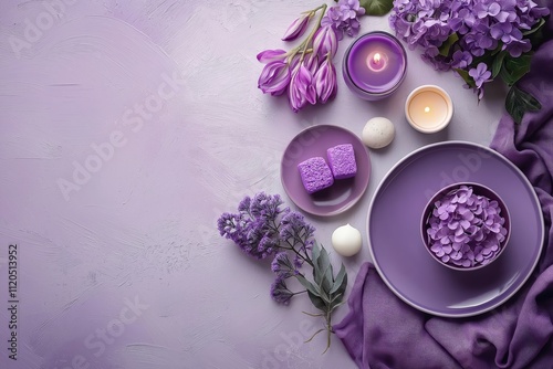 A beautiful setup showcasing lavender decor, candles, and treats in an elegant purple color scheme. photo