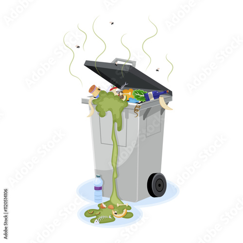 Overflowing trash bin with garbage spilling out, emitting green fumes, flies buzzing around, on a white background. Waste concept. Vector illustration
