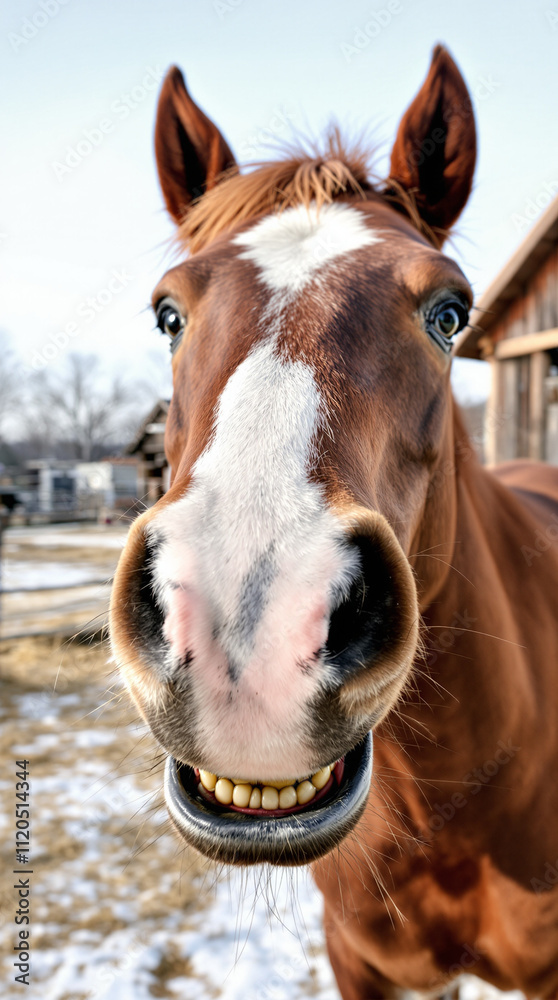 Naklejka premium Close-up of a Brown Horse Smiling Playfully in Winter