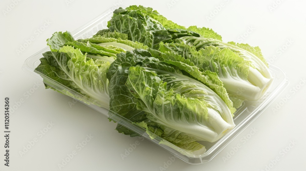 Fresh green lettuce hearts in a clear plastic container, ready for sale. Fresh green lettuce hearts in a clear plastic container, ready for sale.