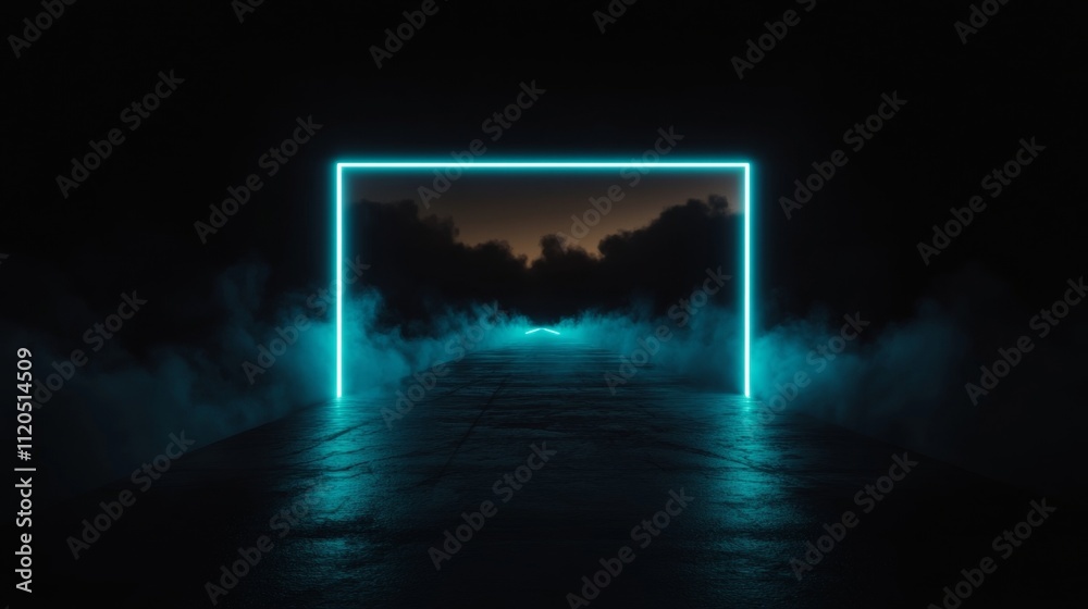 Obraz premium Mysterious Futuristic Pathway with Neon Frame and Misty Atmosphere