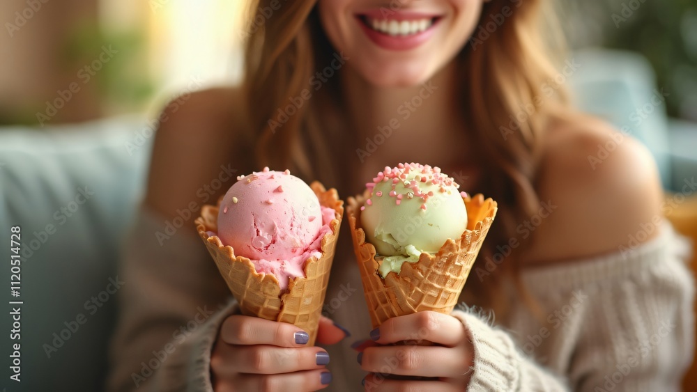Woman Enjoying Delicious Ice Cream Cones, Serene Afternoon in Cozy Home Setting Woman Enjoying Delicious Ice Cream Cones, Serene Afternoon in Cozy Home Setting