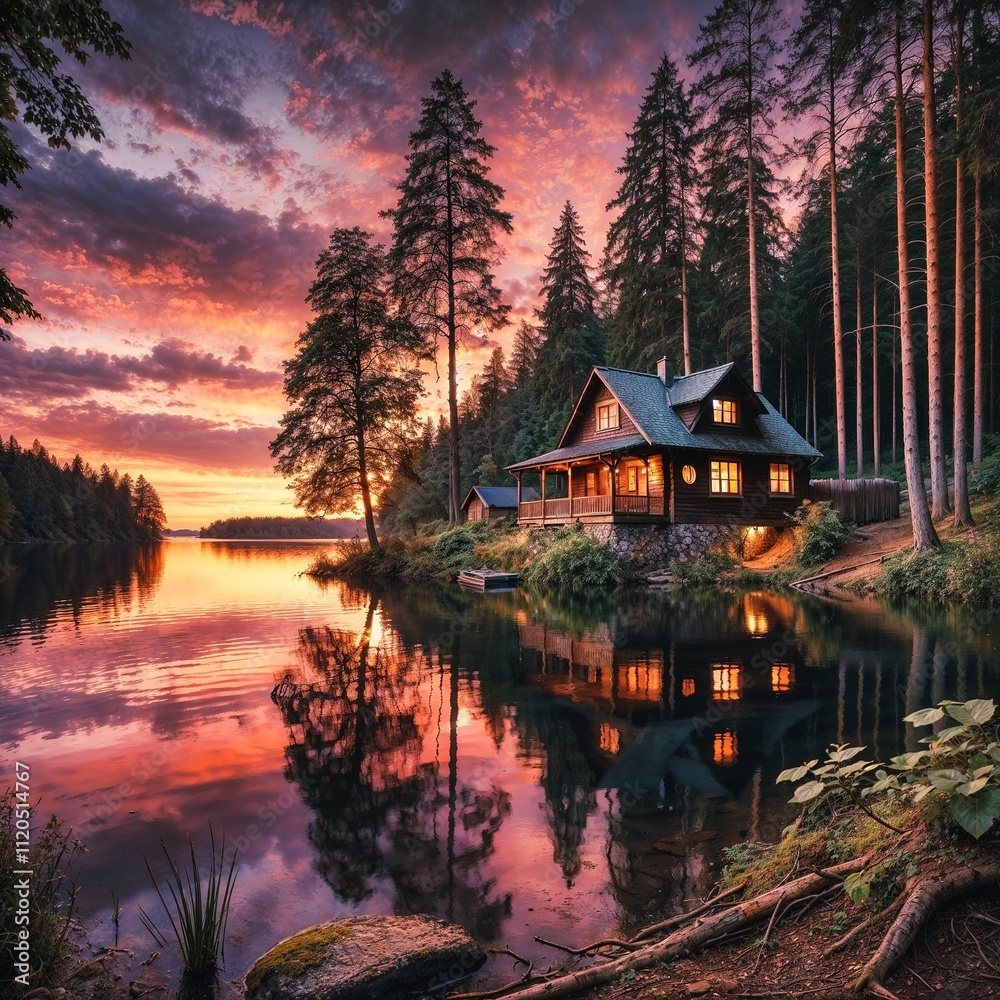 Fototapeta premium sunset over the lake with house and trees around
