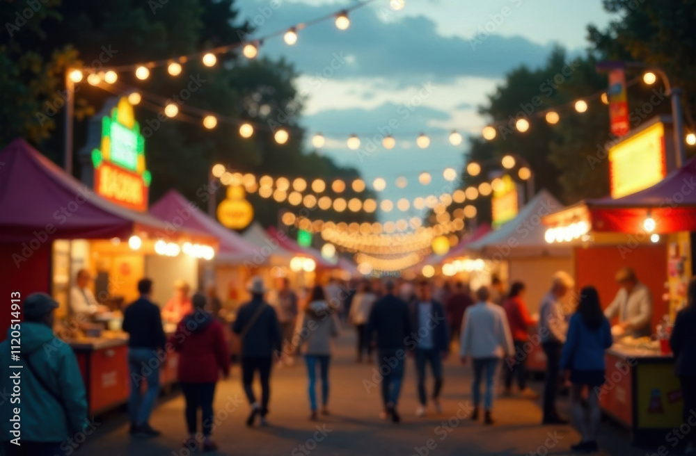 Bustling fairground with food stalls and decorative overhead lights