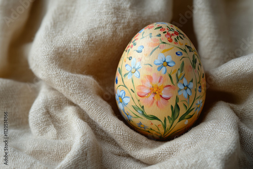 Hand-painted wooden egg adorned with floral patterns on soft fabric photo