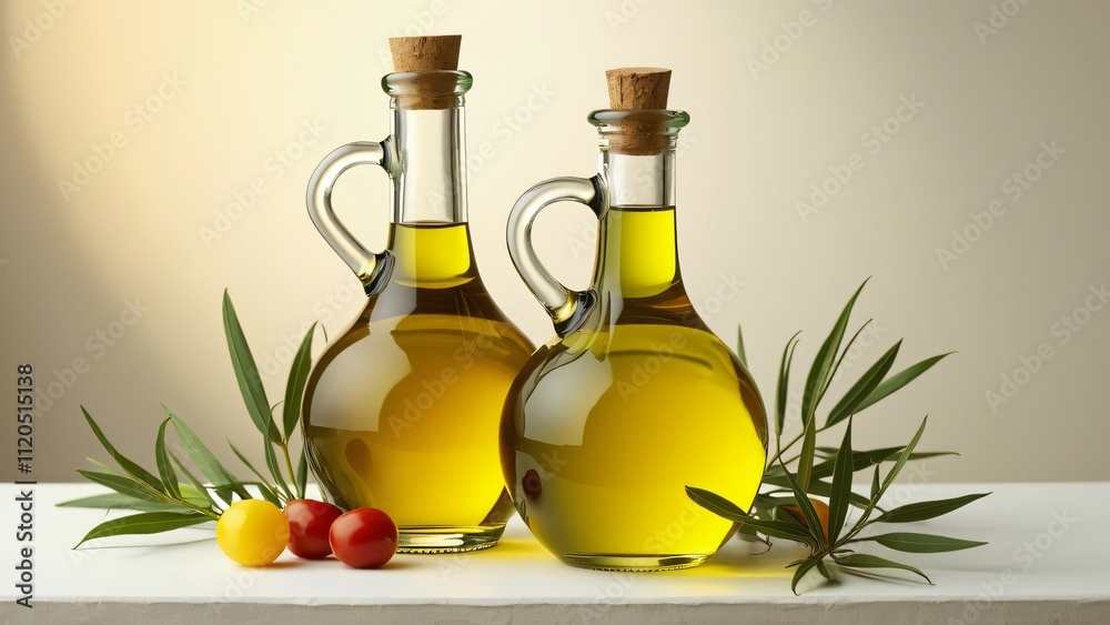 Two Glass Bottles of Vegetable and Olive Oil, Detailed Studio Shot of Fragrant Oils with Olive Branches Two Glass Bottles of Vegetable and Olive Oil, Detailed Studio Shot of Fragrant Oils with Olive Branches