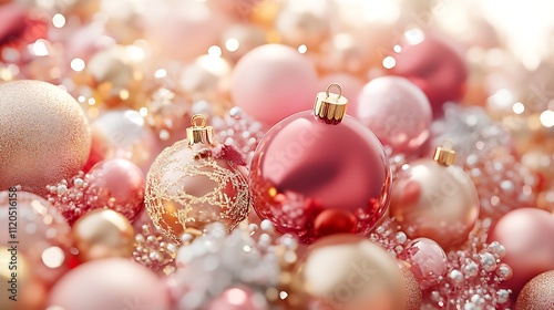 Seasonal luxury decorations in pastel colors with red, gold, and pink Christmas balls, rendered with Generative AI.
