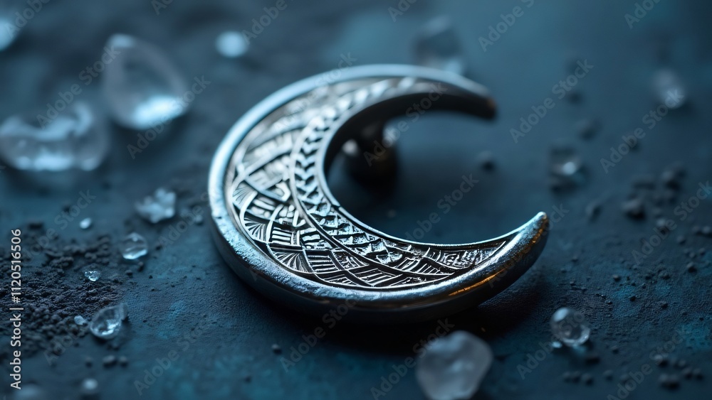 Sleek Silver Crescent Moon Pin, Intricate Geometric Design, Polished Metal, Dark Moody Background, Frost Crystals