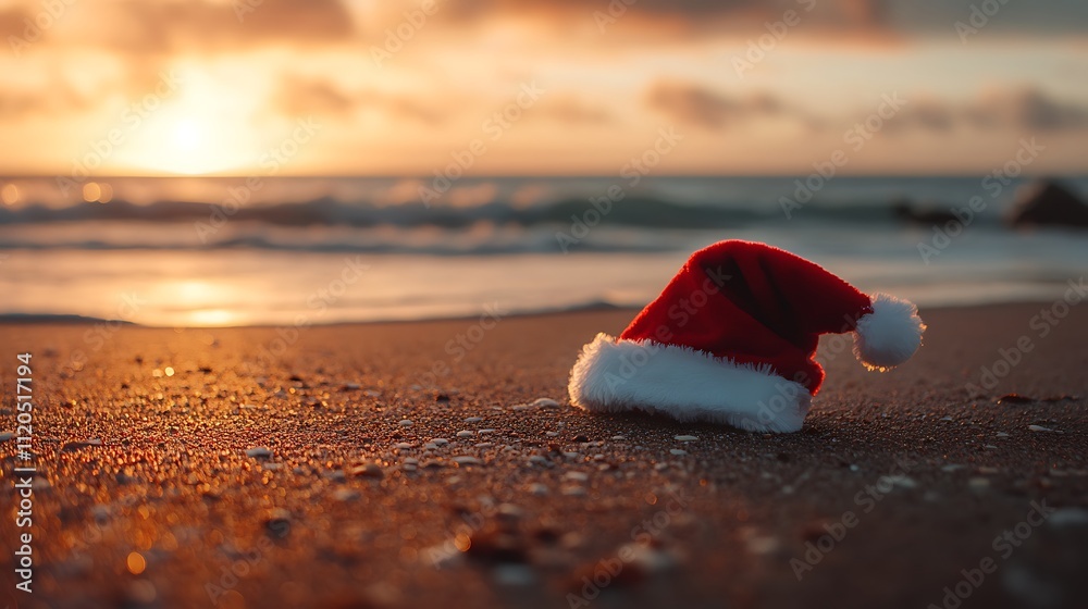 A Christmas hat on the beach, creating a playful and unexpected holiday scene. A Christmas hat on the beach, creating a playful and unexpected holiday scene.