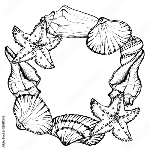 Round frame made of seashells and starfish. Underwater world on outline style. Drawing of mollusk in simple linear style. Stylized graphics. Line art seabed landscape for design label, postcards