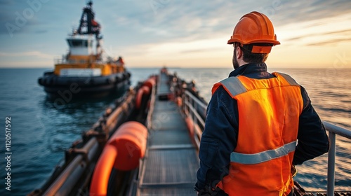 Construction worker observing a tugboat on a dynamic ocean landscape during sunset, showcasing maritime industry and teamwork on waterway operations