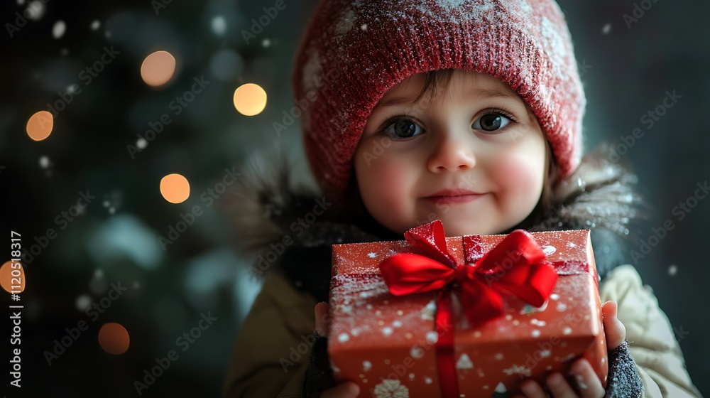 Small child holding a present gift box with a red ribbon, capturing the excitement of receiving gifts during the holiday season. Small child holding a present gift box with a red ribbon, capturing the excitement of receiving gifts during the holiday season.