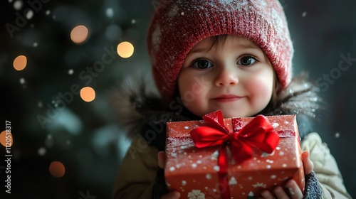 Small child holding a present gift box with a red ribbon, capturing the excitement of receiving gifts during the holiday season.