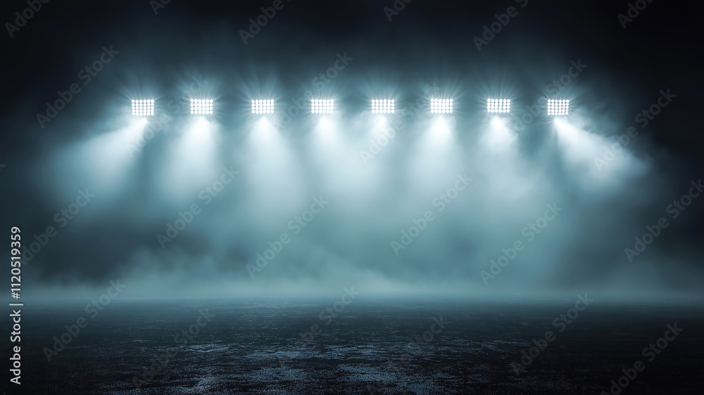 Empty Stadium with Bright Floodlights and Mysterious Fog Empty Stadium with Bright Floodlights and Mysterious Fog