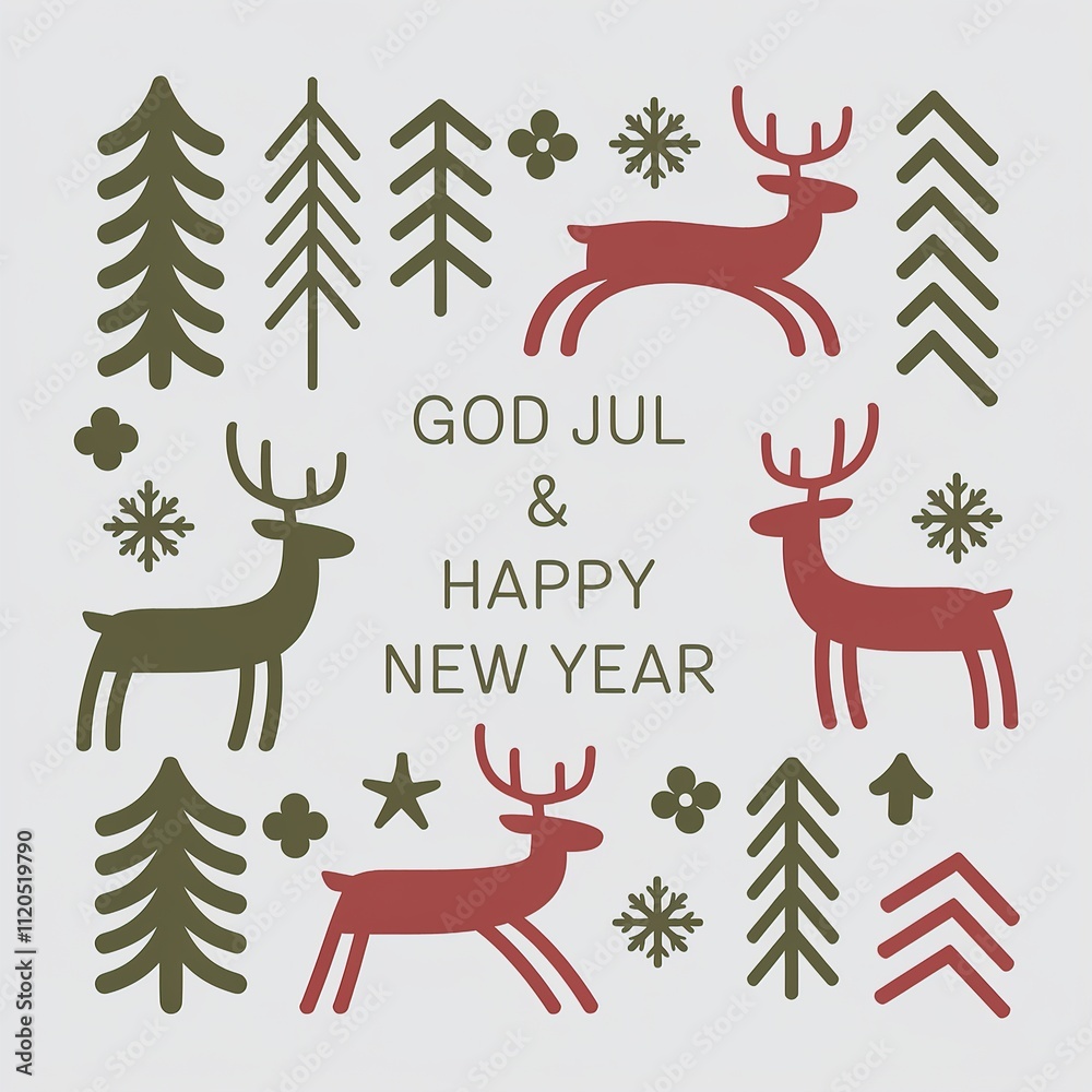 Fototapeta premium Scandinavian Christmas and New Year Greeting Card Design featuring geometric reindeer, stylized evergreen trees, and 