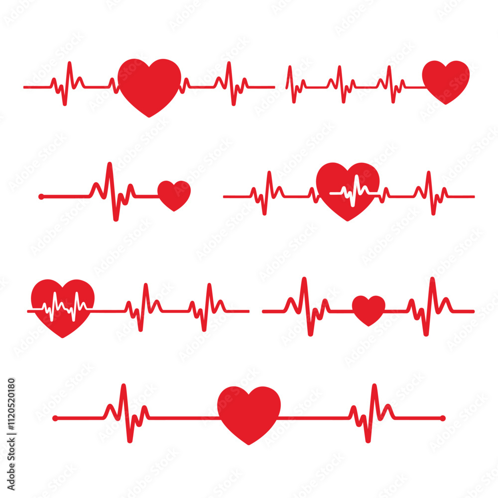 Heart beat icon set. Heart shape with pulse line. Vector illustration