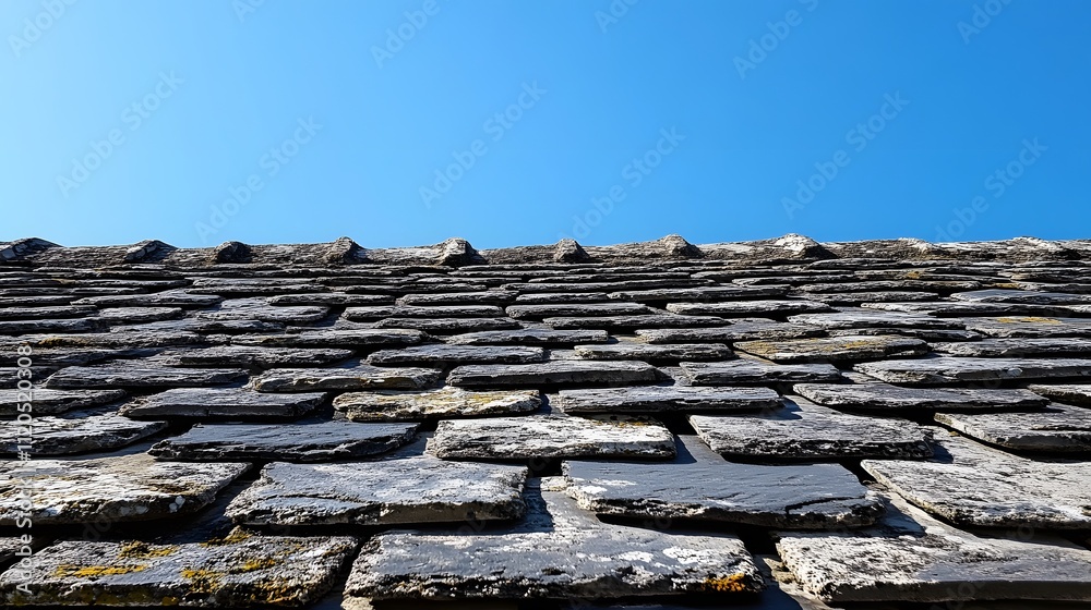 Image of an old gray shingled roof with a clear blue sky in the background Image of an old gray shingled roof with a clear blue sky in the background