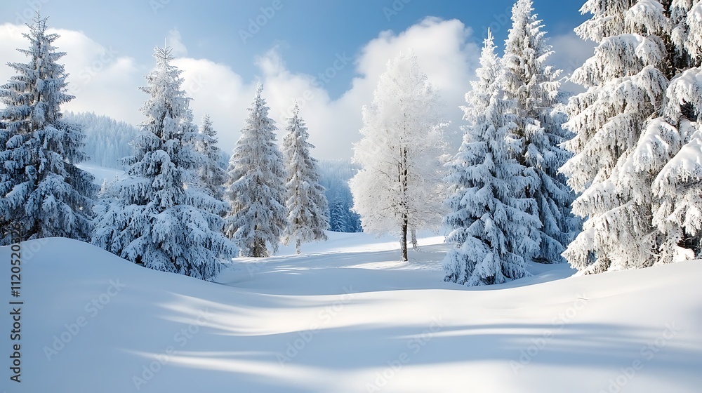 Snow-covered trees creating a serene winter landscape. Snow-covered trees creating a serene winter landscape.