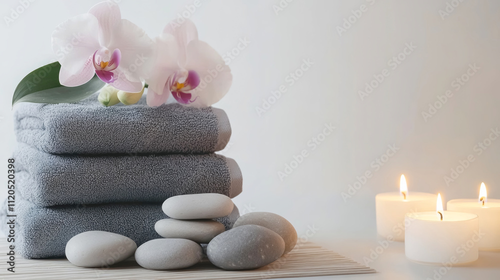 Embracing tranquility with a serene spa setting featuring gray towels, orchids, stones, and candles in a calming ambiance Embracing tranquility with a serene spa setting featuring gray towels, orchids, stones, and candles in a calming ambiance