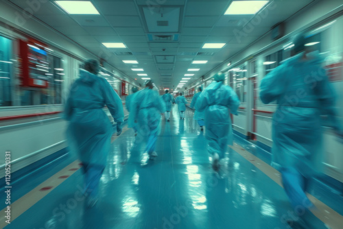 medical workers dressed in protective blue suits walking along the hospital corridor. Their movement seems hasty and purposeful.  