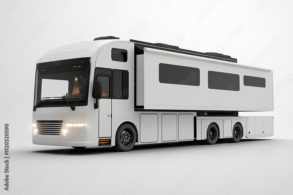 Modern luxury RV on white background, spacious design, 3D render. Modern luxury RV on white background, spacious design, 3D render.