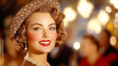 Retro woman wearing hat and pearl necklace