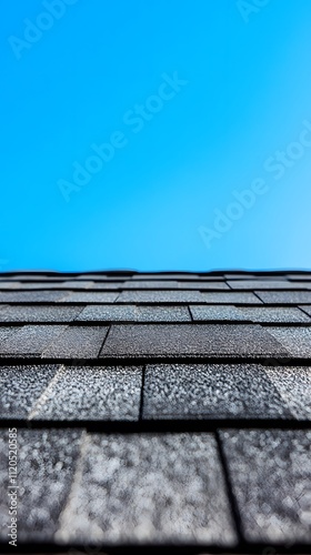 Image of an old gray shingled roof with a clear blue sky in the background
