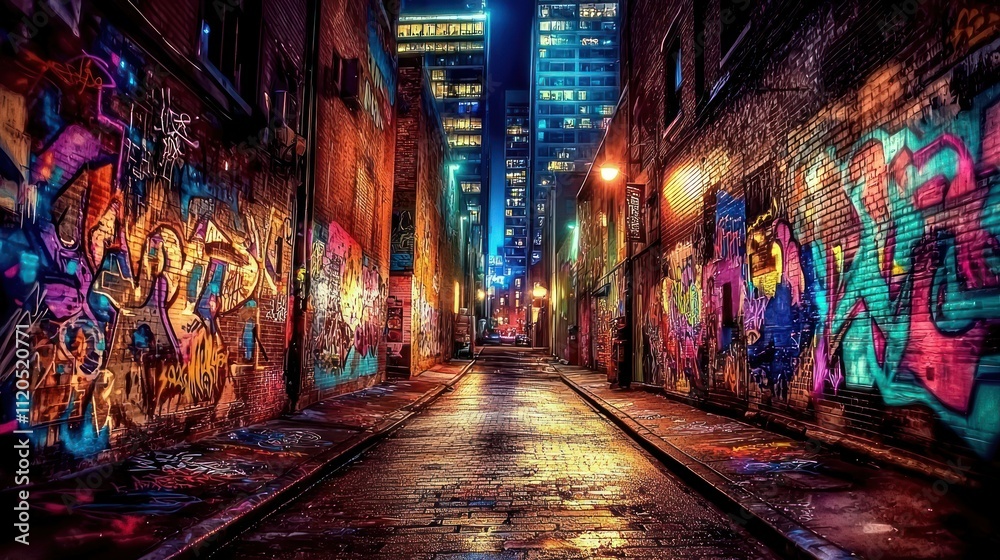 Obraz premium Vibrant urban alleyway adorned with colorful graffiti.