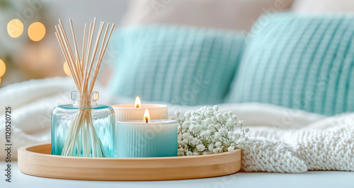 Relaxing retreat with scented candles and reed diffuser elegantly arranged on a wooden tray, surrounded by soft pillows and cozy blankets for a peaceful ambiance photo