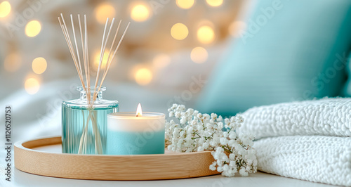 Experience tranquility with a cozy wooden tray featuring scented candles and a reed diffuser surrounded by plush pillows, flowers, and a warm blanket photo