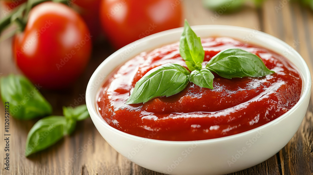 Flavorful Fusion: Fresh Basil and Tomato Sauce on Wooden Table Flavorful Fusion: Fresh Basil and Tomato Sauce on Wooden Table