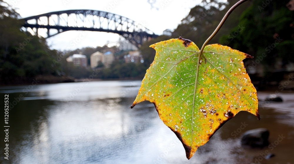 Obraz premium Leaf in focus with a bridge and river background.