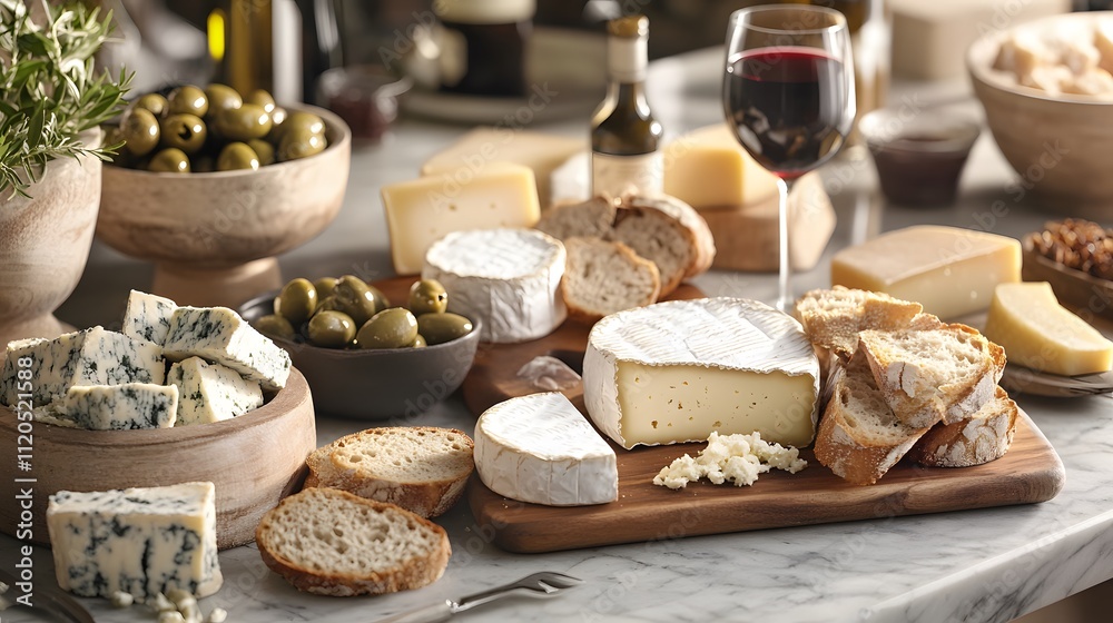 Fototapeta premium A Gourmet Cheese And Bread Platter With Olives And Wine