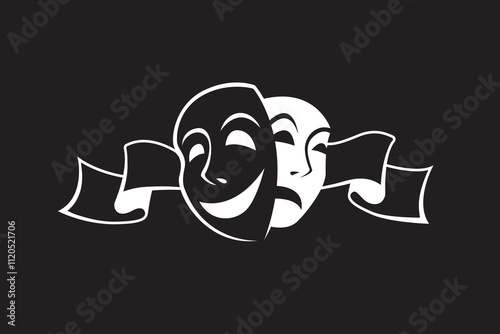 icon of comedy and tragedy theatrical masks with ribbon isolated on black background