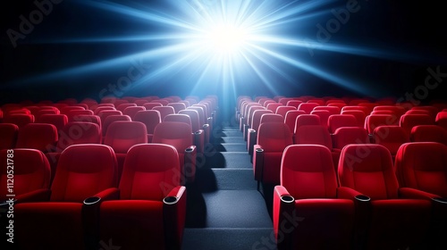 Cinema auditorium with red seats, illuminated by blue stage lights, empty and atmospheric photo