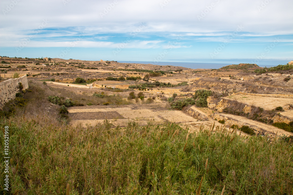 Gozo (Għawdex) Island landscape around the village of Għarb and Basilica and Collegiate Parish church of the Visitation of Our Lady (Santwarju Bażilika tal-Madonna ta' Pinu) Malta