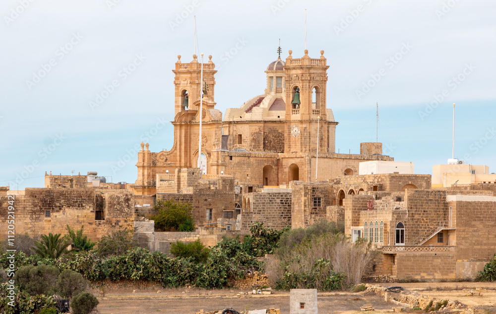 Gozo (Għawdex) Island landscape around the village of Għarb and Basilica and Collegiate Parish church of the Visitation of Our Lady (Santwarju Bażilika tal-Madonna ta' Pinu) Malta