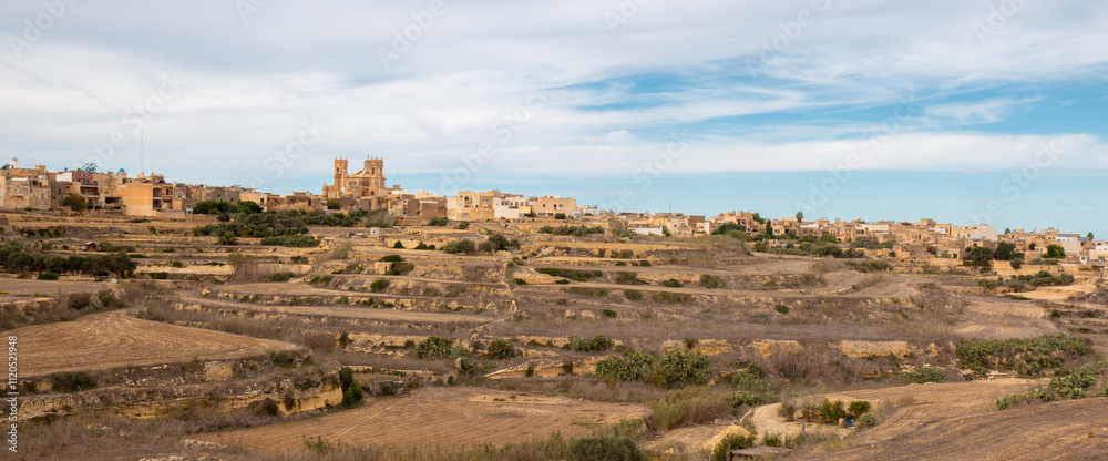 Gozo (Għawdex) Island landscape around the village of Għarb and Basilica and Collegiate Parish church of the Visitation of Our Lady (Santwarju Bażilika tal-Madonna ta' Pinu) Malta