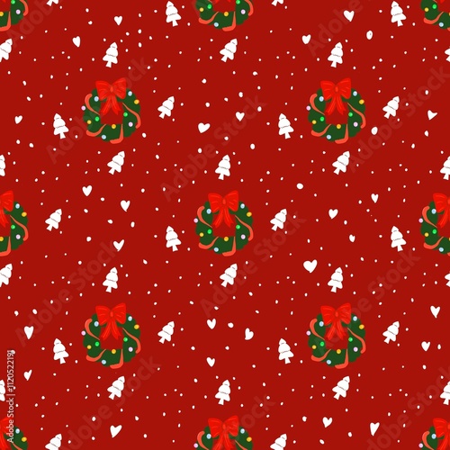 Christmas pattern  white and green tone on a red background.
 photo