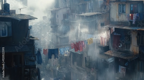 Clothes hanging in foggy slum showing poverty and overpopulation issues photo