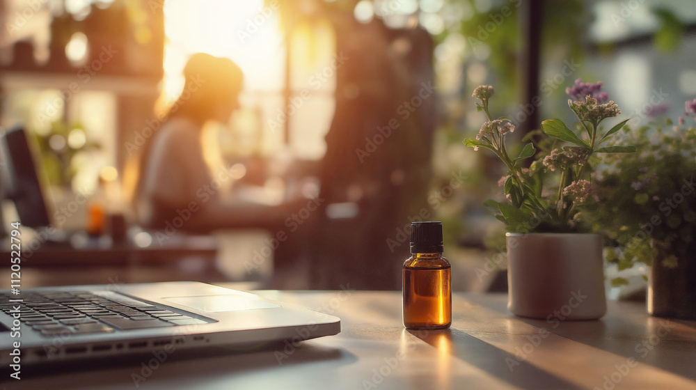 A bottle of aromatherapy essential oil on a work desk next to a laptop