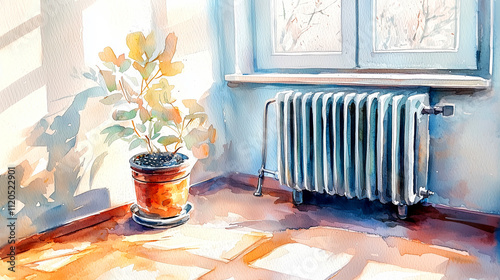 Watercolor illustration of heater in light interior.