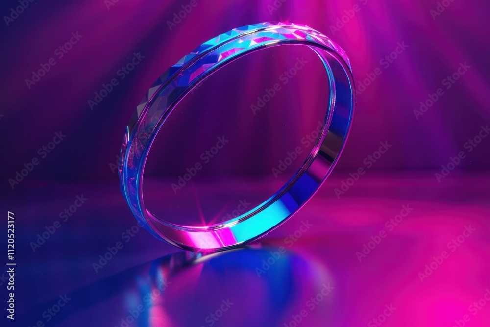 Elegant metallic ring with intricate design, beautifully illuminated by vibrant purple and blue lighting, showcasing luxury and sophistication. Elegant metallic ring with intricate design, beautifully illuminated by vibrant purple and blue lighting, showcasing luxury and sophistication.